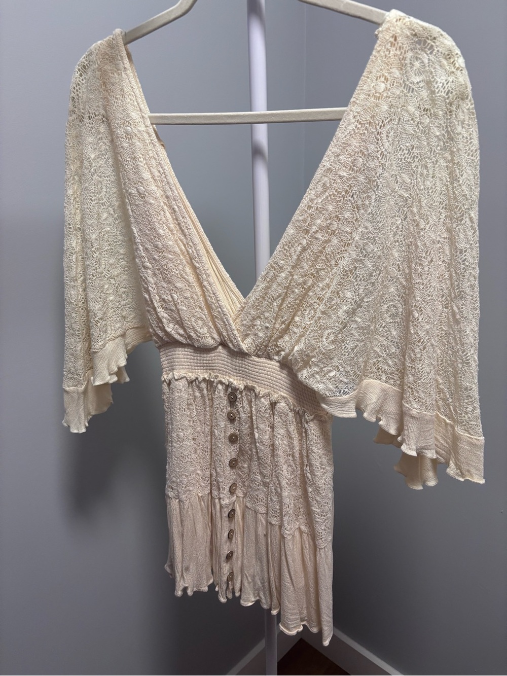 Mable Cream Lace V-Neck Mini Dress with Button Front